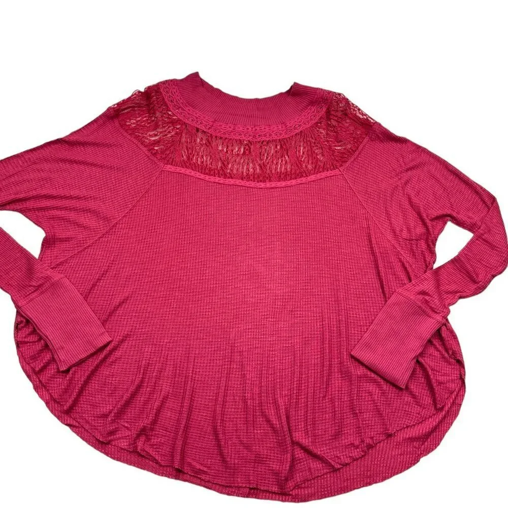Free People Spring Valley Thermal Knit Lace Top in Raspberry Pink Women's SZ S
